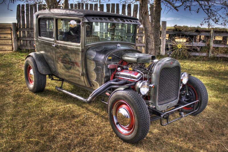 Custom Hot Rod Car — Green, Dramatic, Afternoon