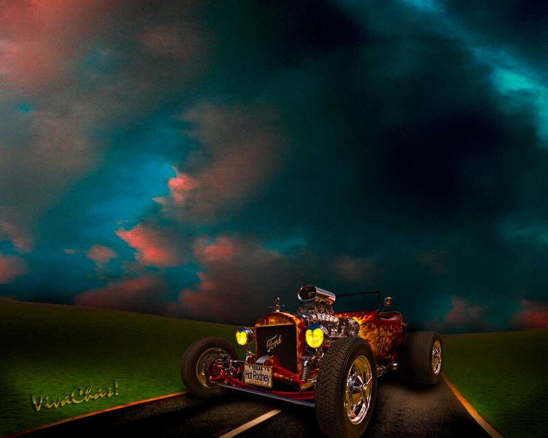 Custom Hot Rod Car — Green, Dramatic, Night