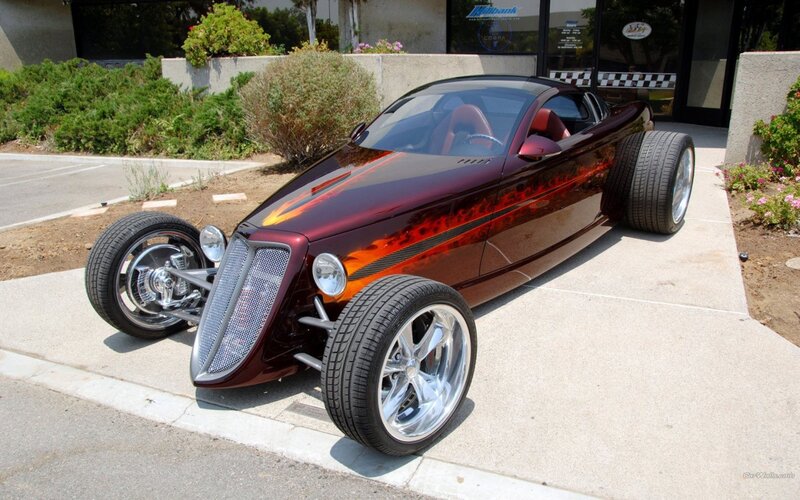 Custom Hot Rod Car — Maroon, Calm, Afternoon, Photograph, Building, Plants