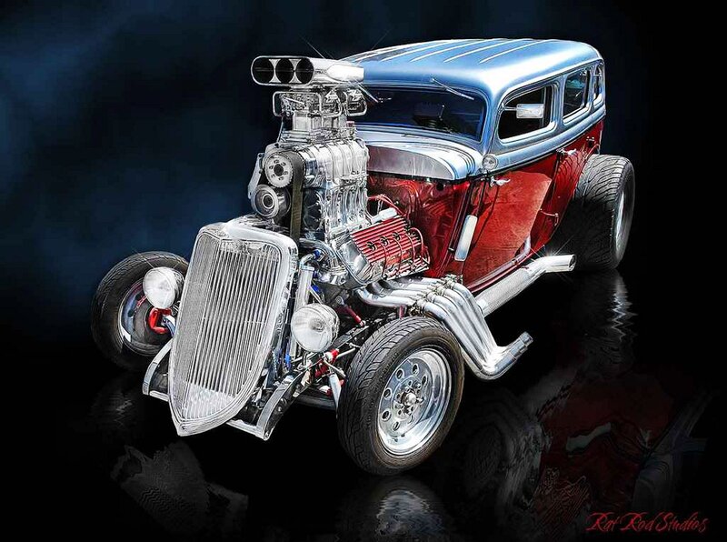 Custom Hot Rod Car — Red, Dramatic, Digital Art
