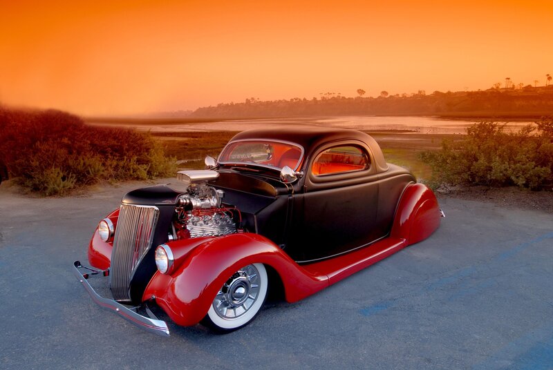 Custom Hot Rod Car — Red, Dramatic, Sunset, Photograph