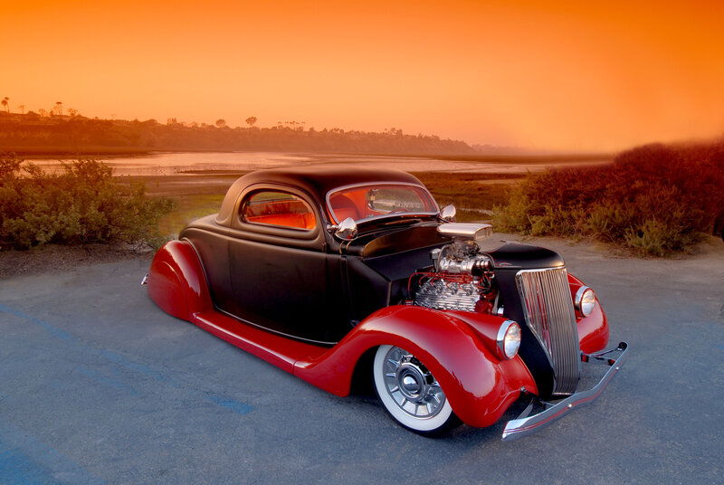 Custom Hot Rod Car — Red, Dramatic, Sunset