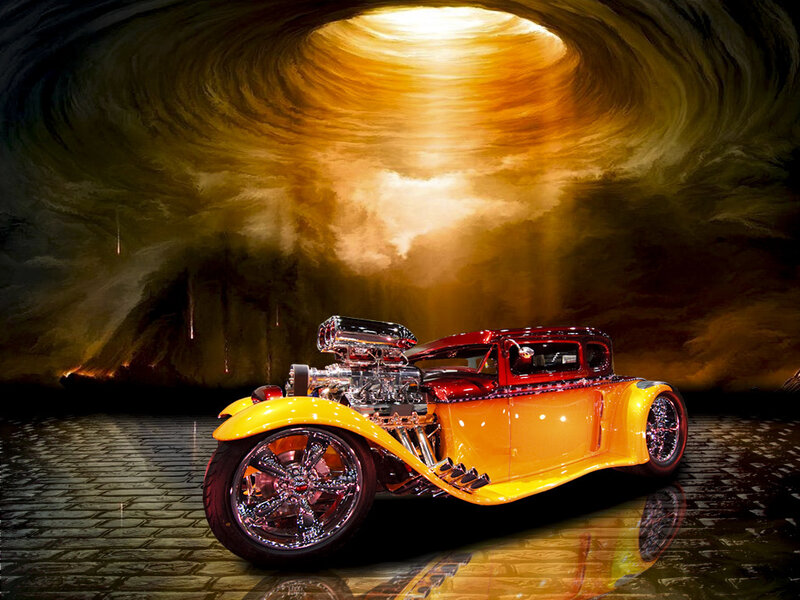Custom hot rod in dramatic tunnel