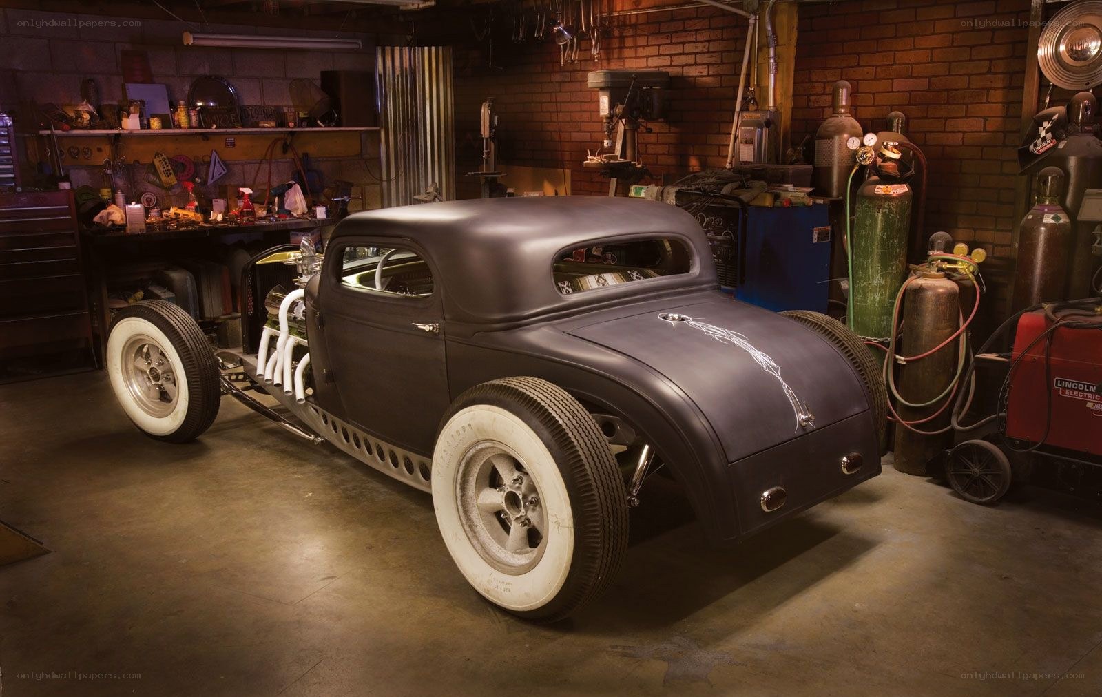 Custom hot rod in garage