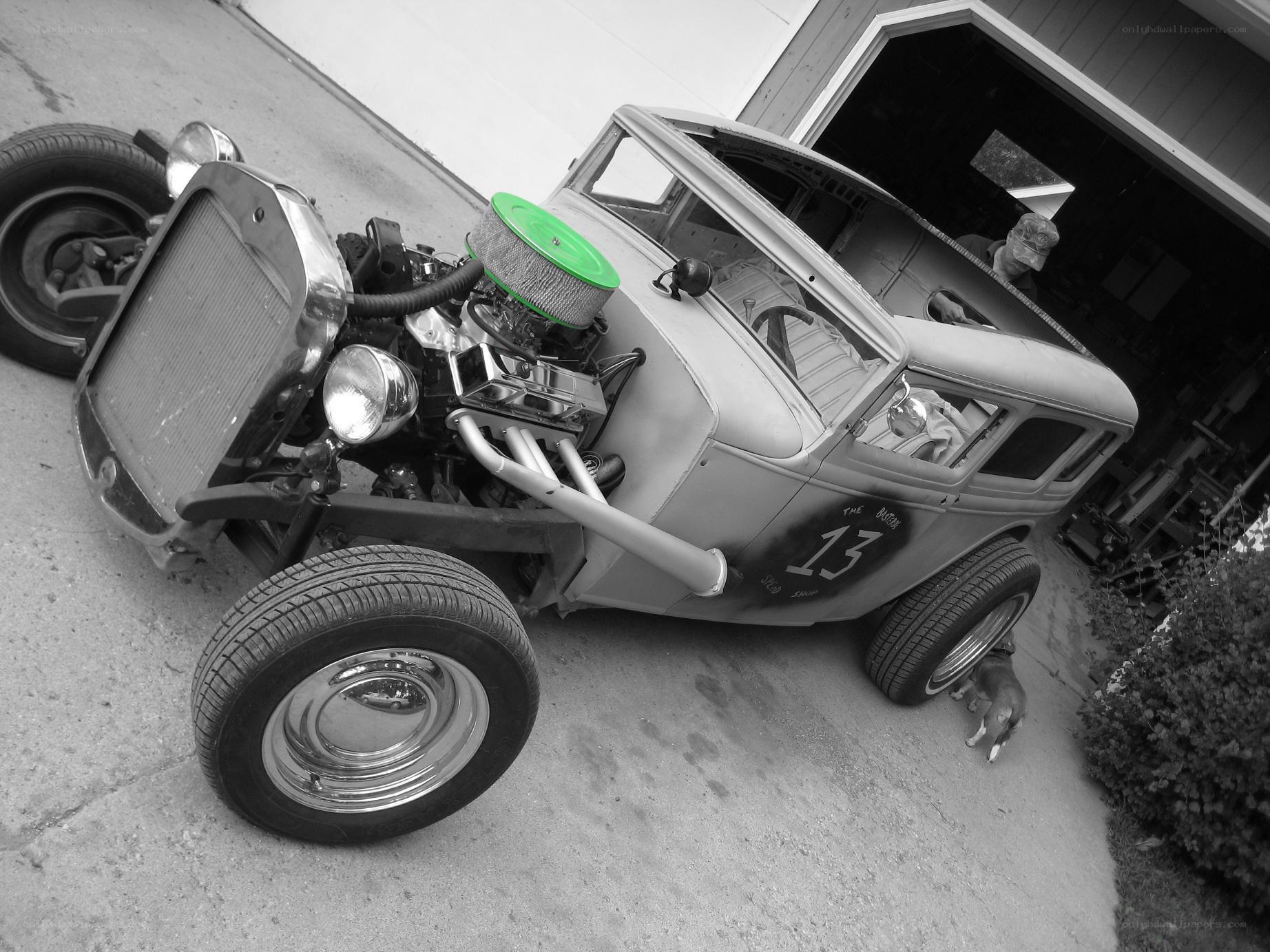 Custom hot rod in garage