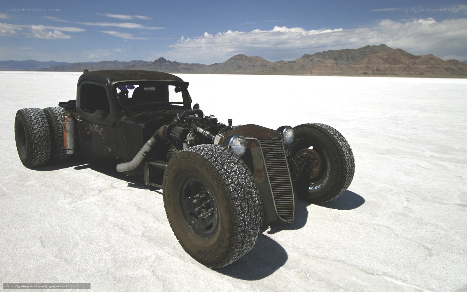 Custom hot rod on salt flat