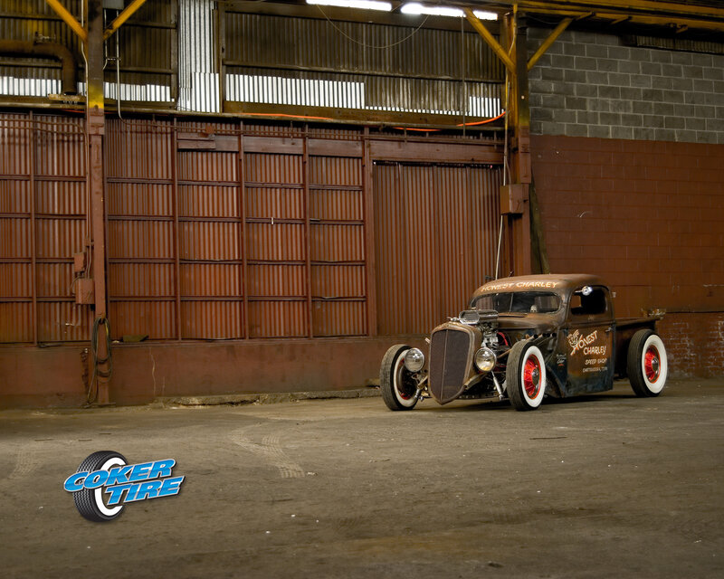 Custom hot rod truck in garage
