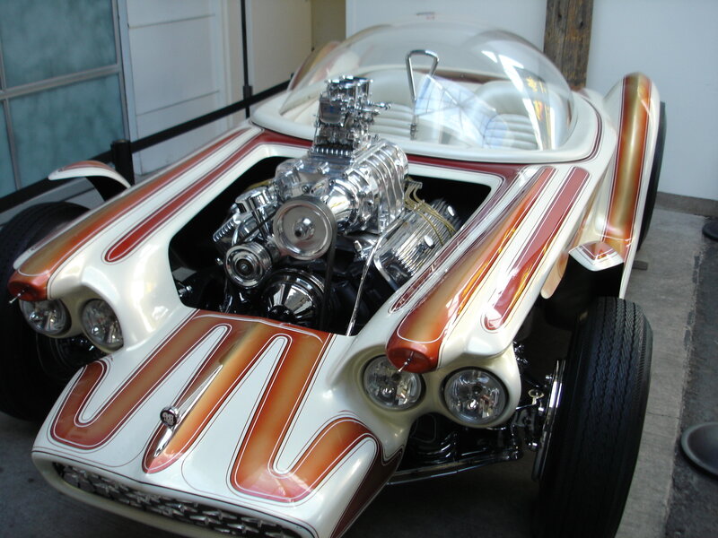 custom hot rod with exposed engine