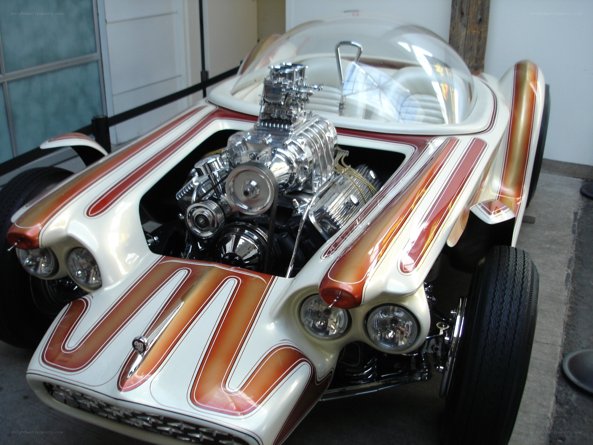 custom hot rod with exposed engine