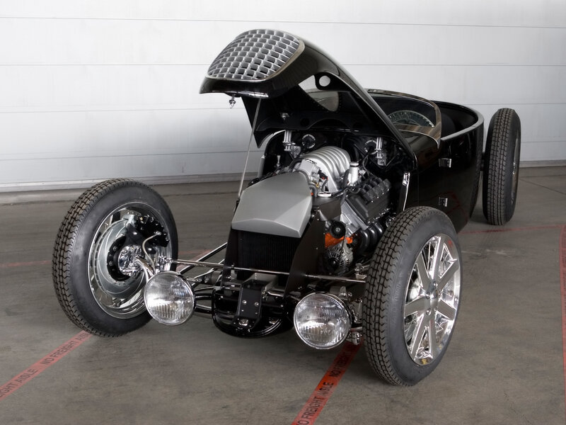 Custom hot rod with open hood