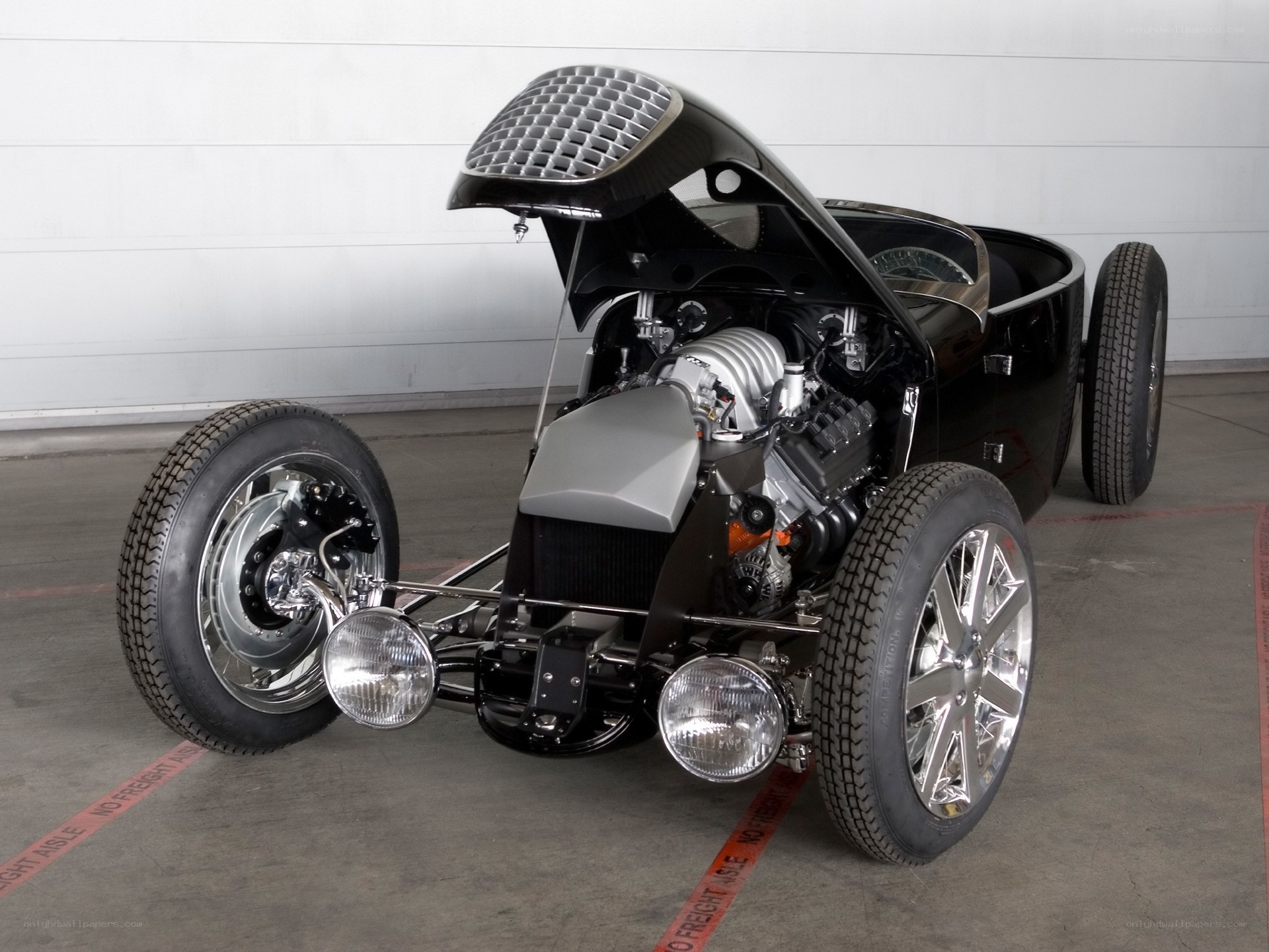 Custom hot rod with open hood