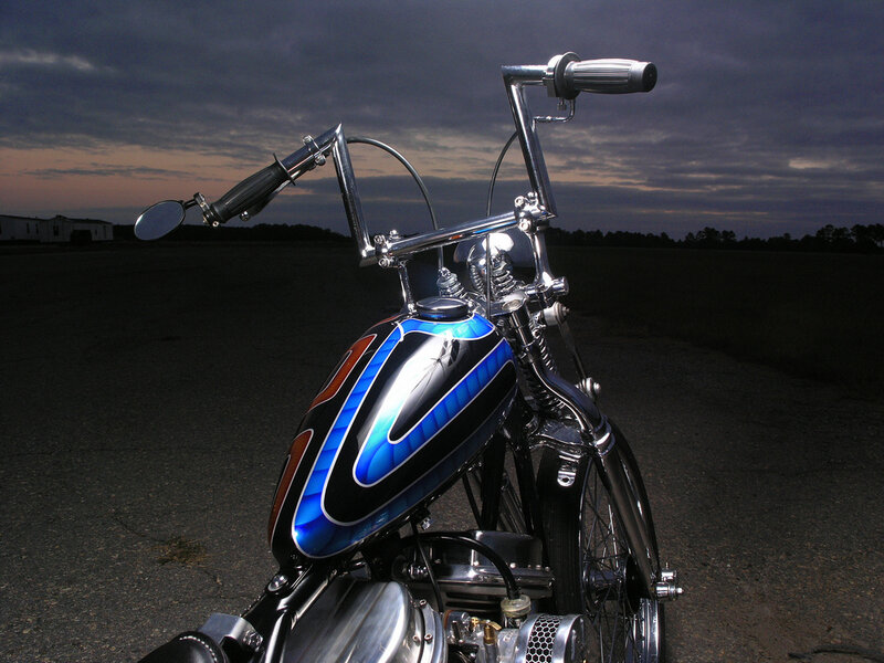 Custom motorcycle at dusk