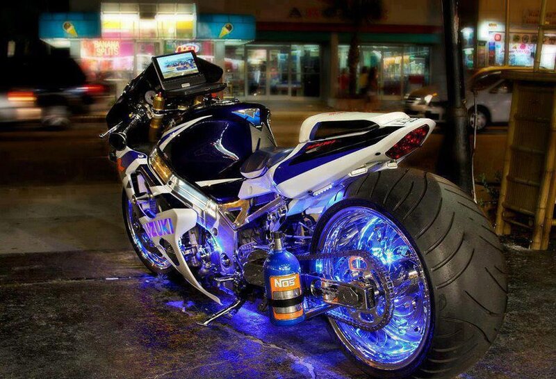 Custom Motorcycle at Night — Blue, Dramatic