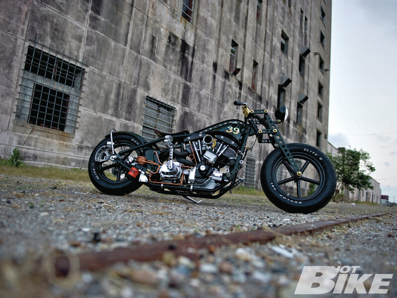 Custom Motorcycle — Black, Dramatic, Afternoon, Photograph, Building