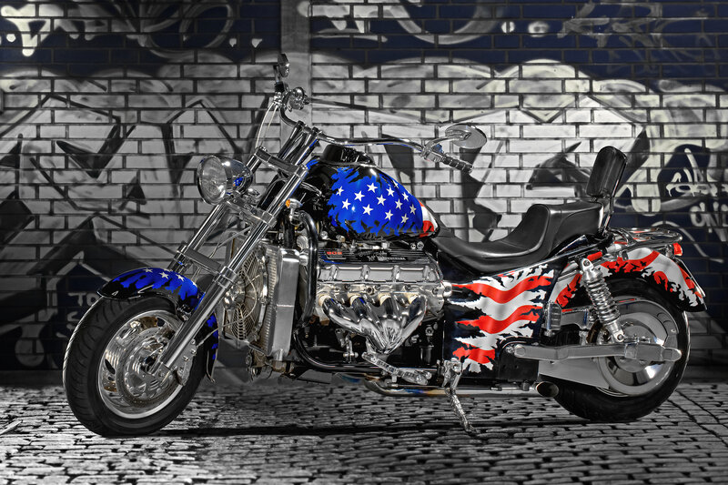 Custom Motorcycle — Black, Dramatic, Photograph, Brick Wall