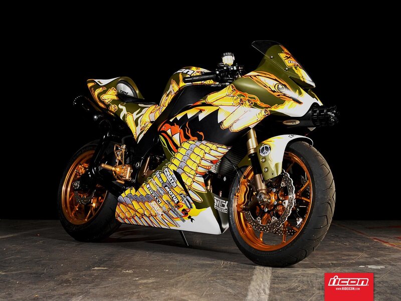 Custom Motorcycle — Black, Dramatic, Photograph, Gold Wheels