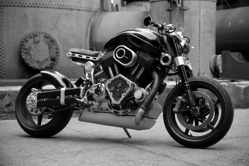 Custom Motorcycle — Black, Dramatic, Photograph, Industrial Tanks