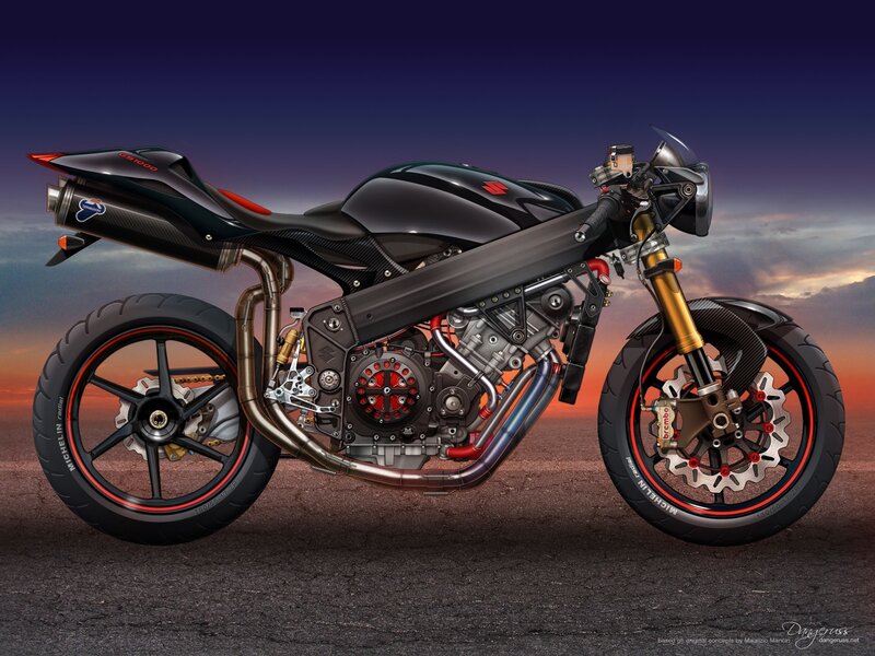 Custom Motorcycle — Black, Dramatic, Sunset