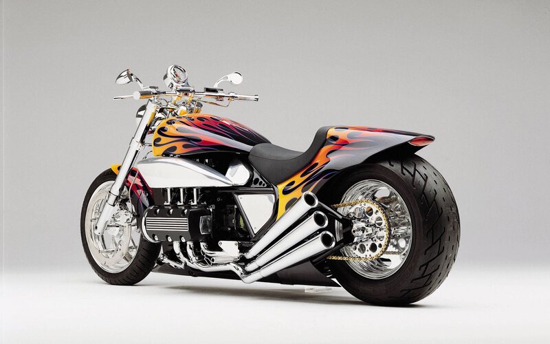 Custom Motorcycle — Black, Neutral, Photograph, Flame Design