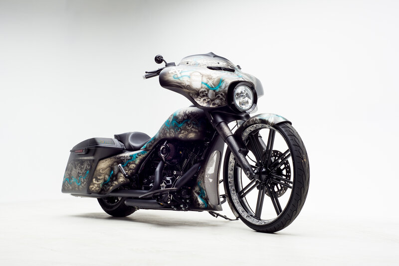 Custom Motorcycle — Black, Neutral, Photograph, Saddlebags
