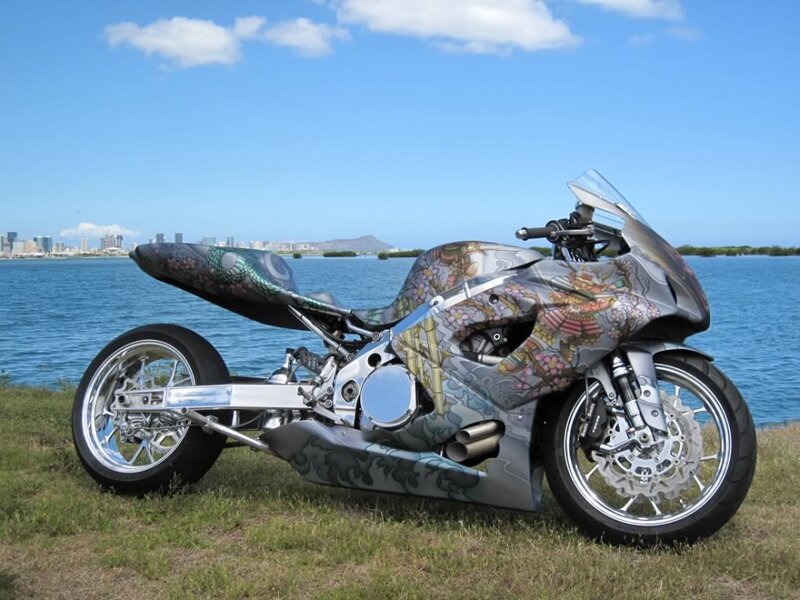 custom motorcycle by the water