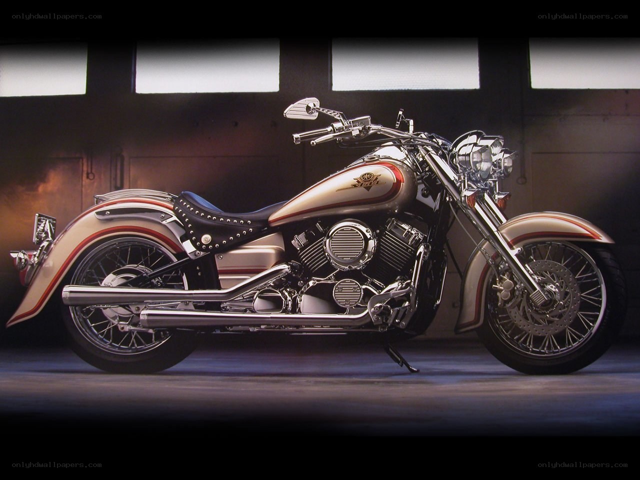 custom motorcycle in garage