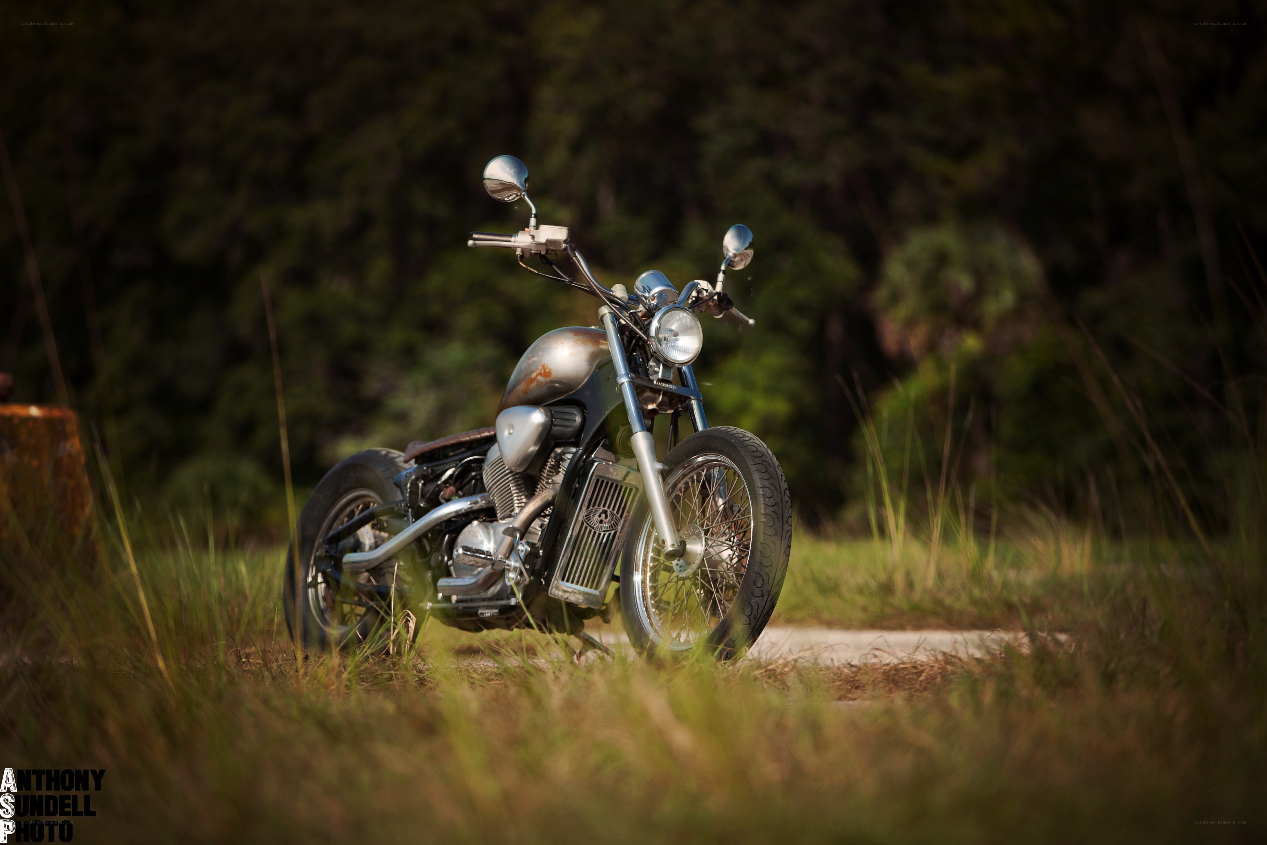 Custom motorcycle in grassy field