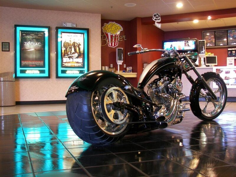 Custom motorcycle in movie theater lobby