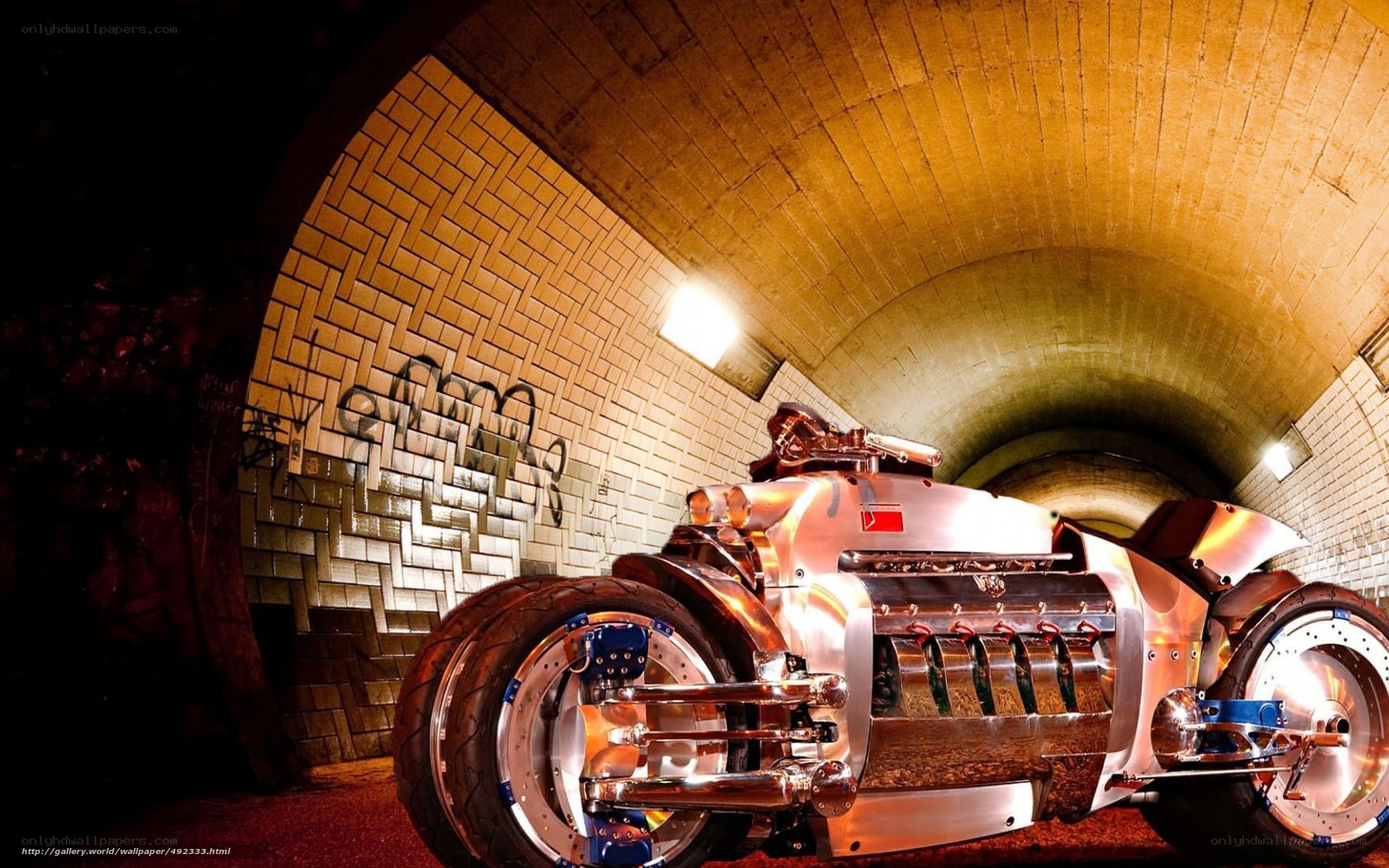 Custom motorcycle in tunnel