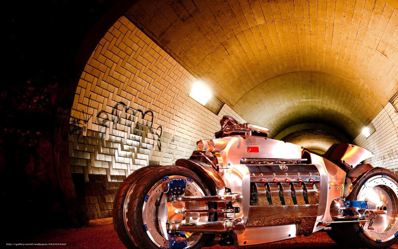 Custom motorcycle in tunnel