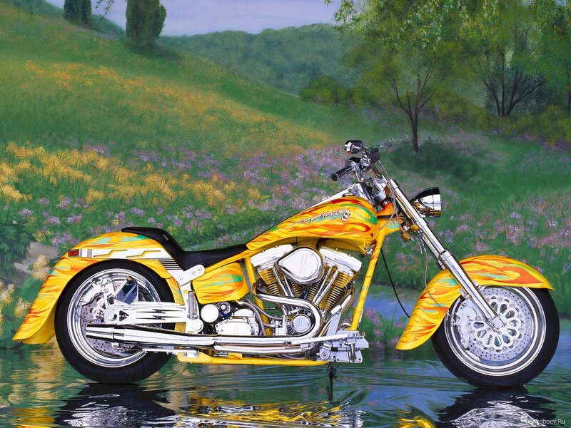 Custom Motorcycle in Water — Yellow