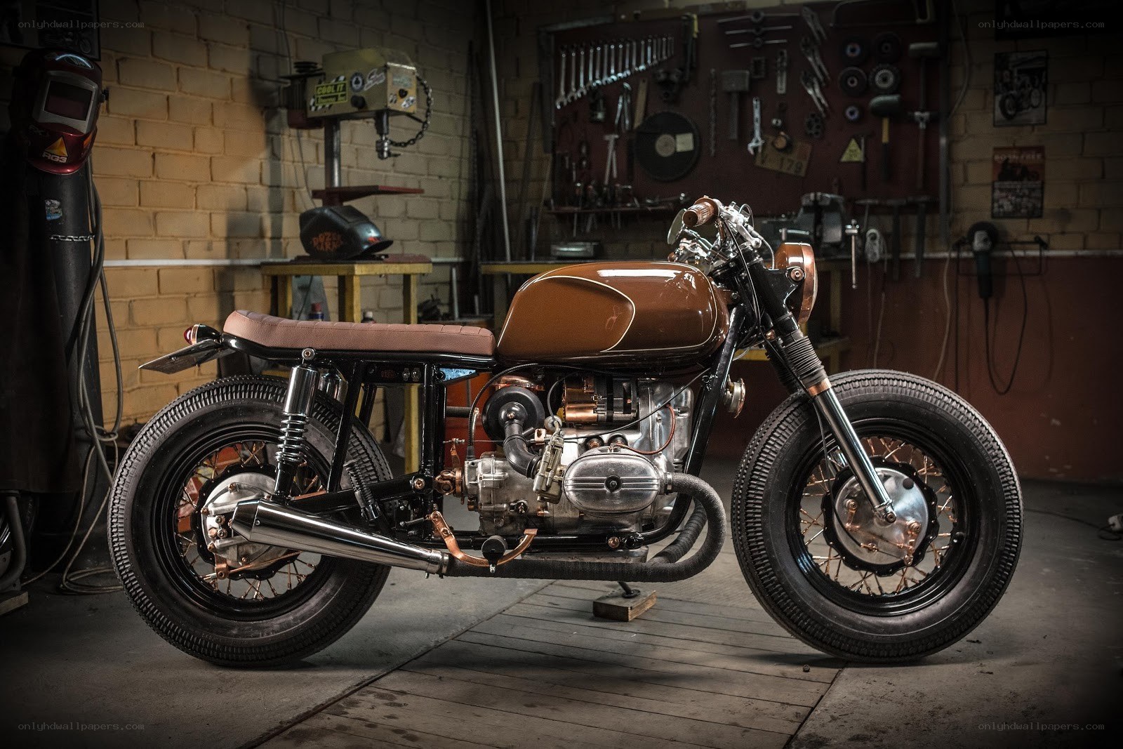 Custom motorcycle in workshop