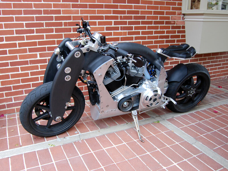 custom motorcycle on brick sidewalk