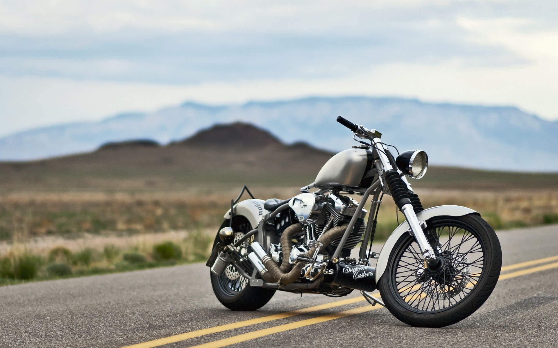 custom motorcycle on desert road