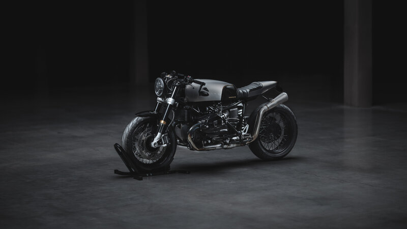 Custom Motorcycle on Stand — Black, Dramatic