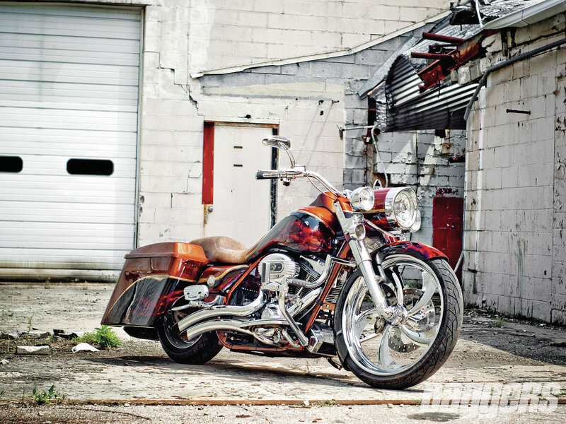Custom Motorcycle — Red, Dramatic, Afternoon