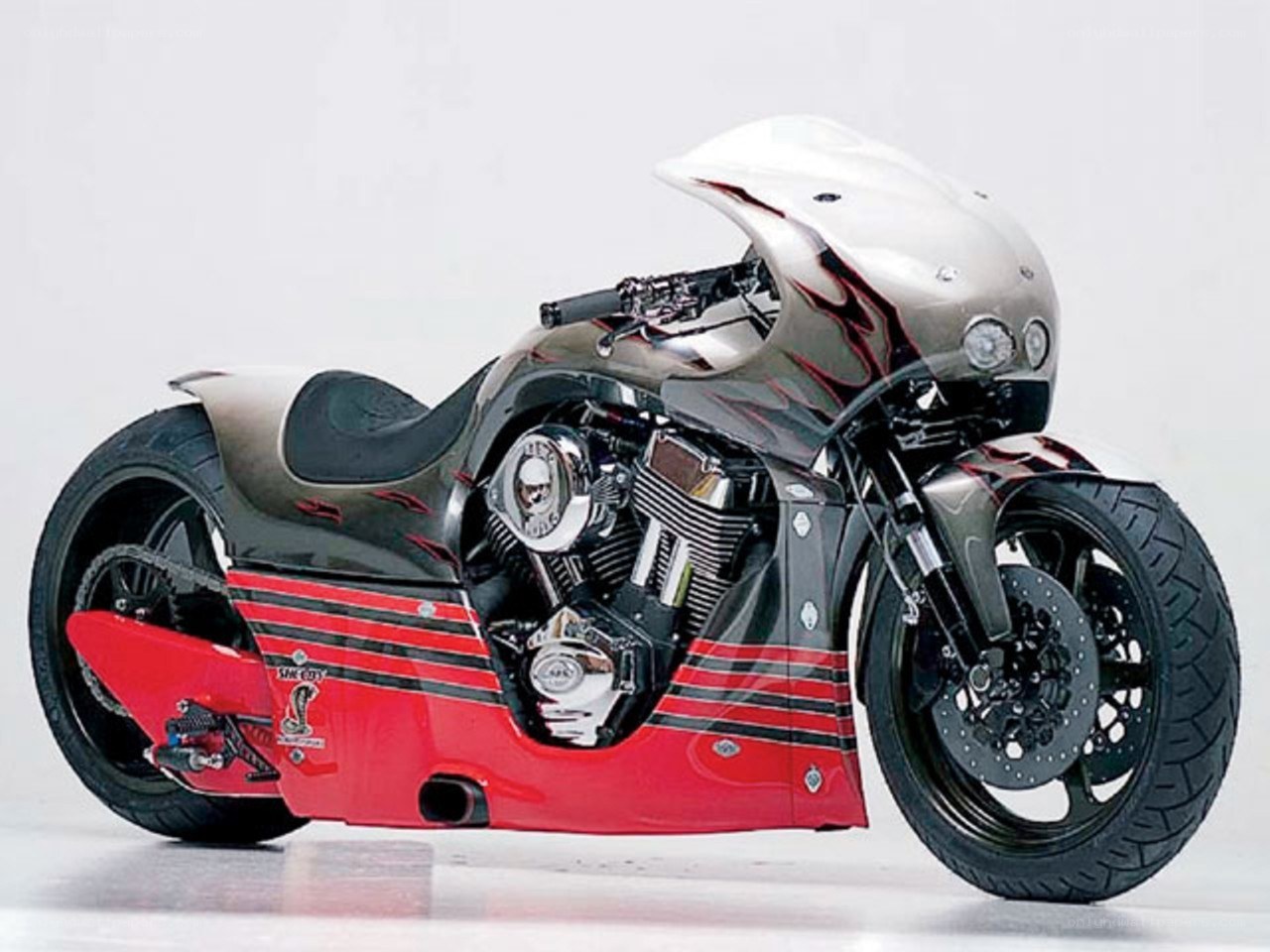 custom motorcycle with flame design
