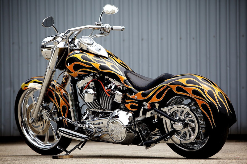 Custom Motorcycle with Flames — Black, Dramatic