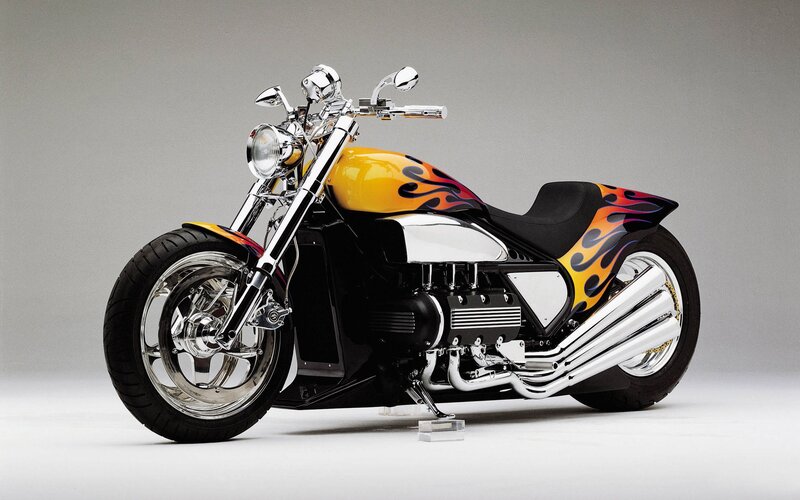 Custom Motorcycle with Flames — Yellow