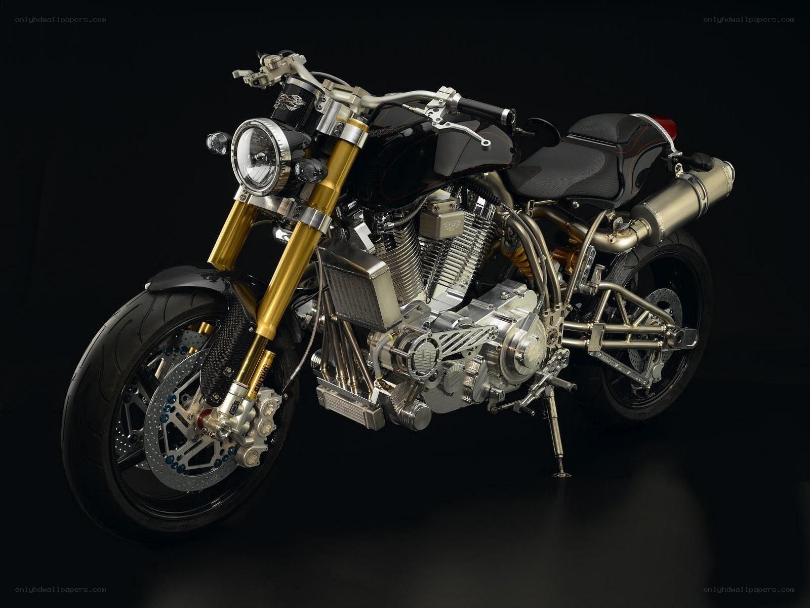 custom motorcycle with gold forks