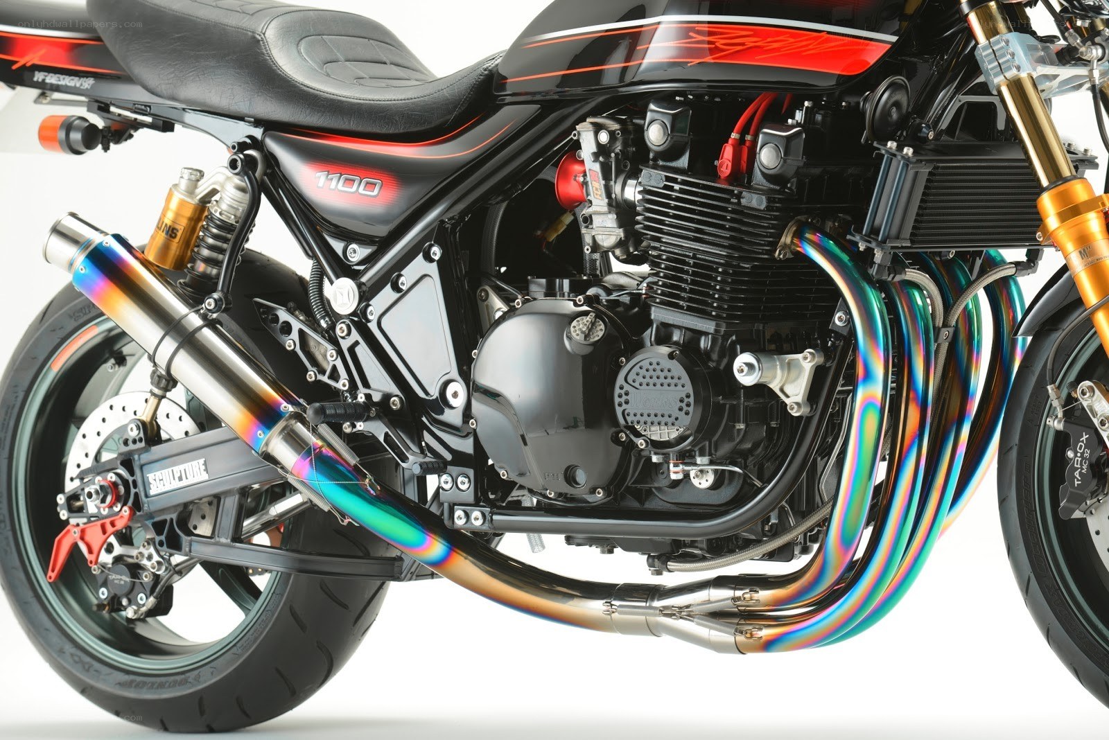 Custom motorcycle with rainbow exhaust