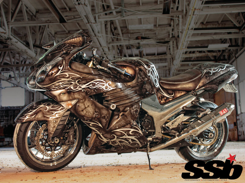 Custom Motorcycle with Skull Art — Brown