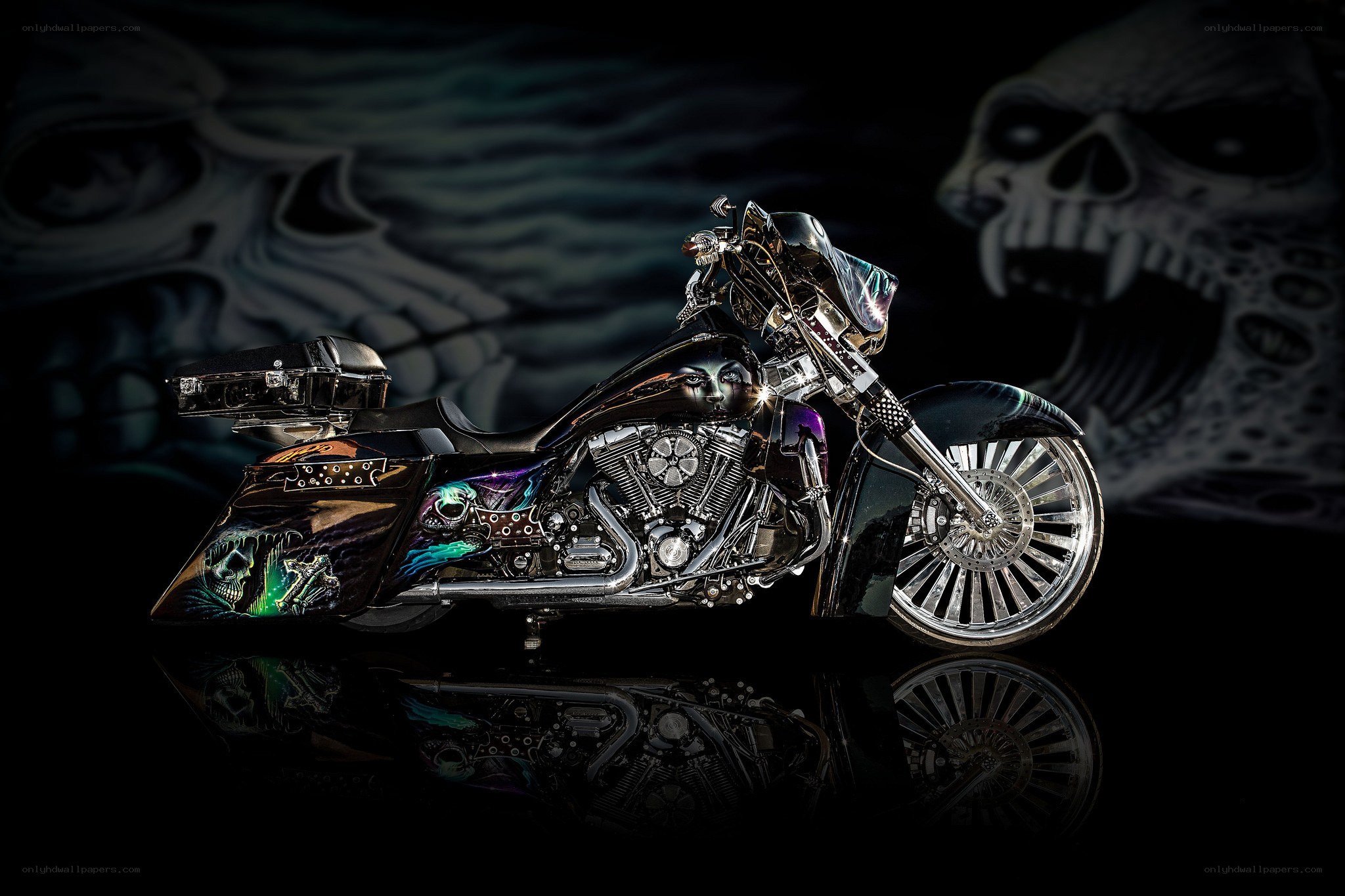 Custom motorcycle with skull art