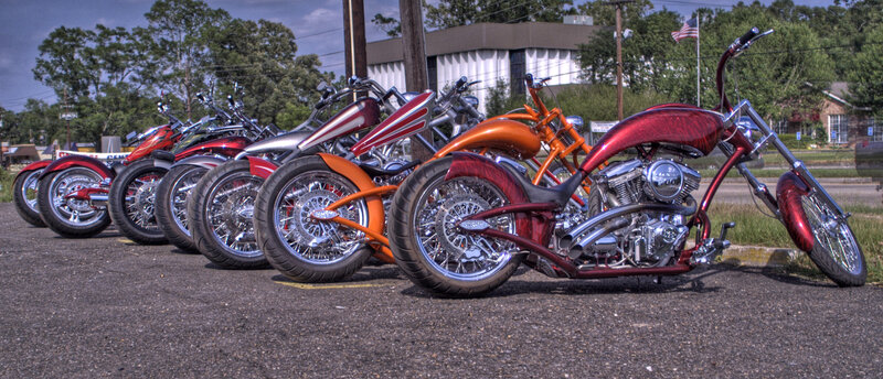 Custom motorcycles in a row