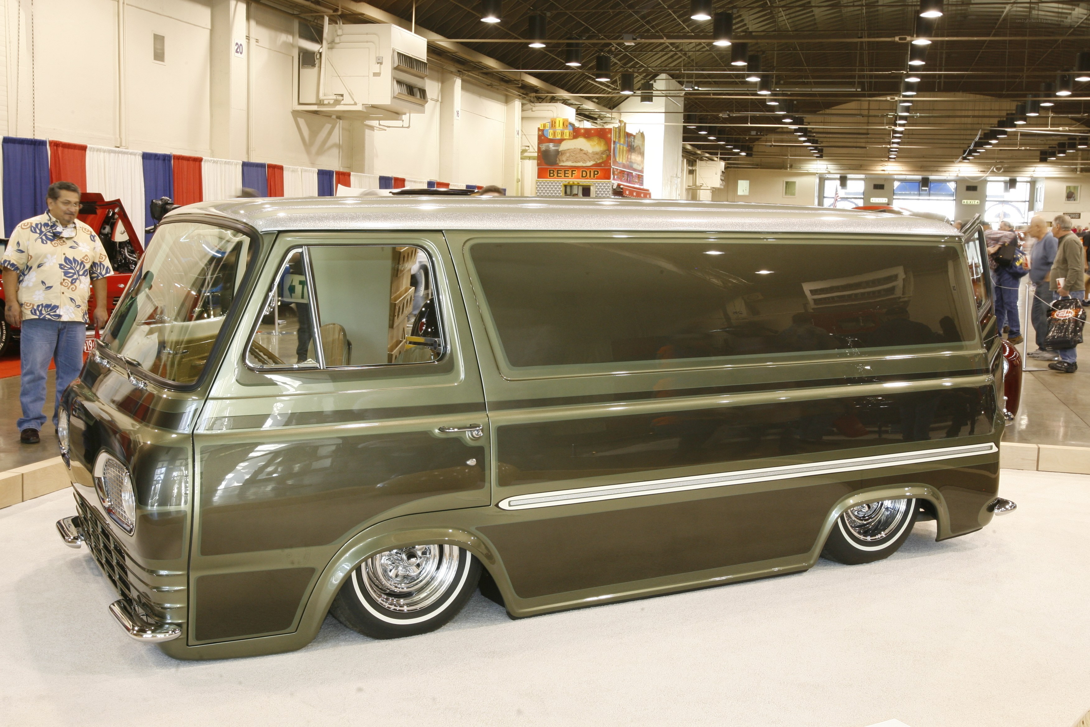 Custom olive green van on display