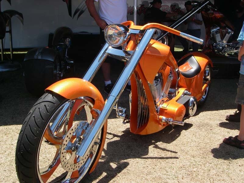 Custom orange chopper motorcycle