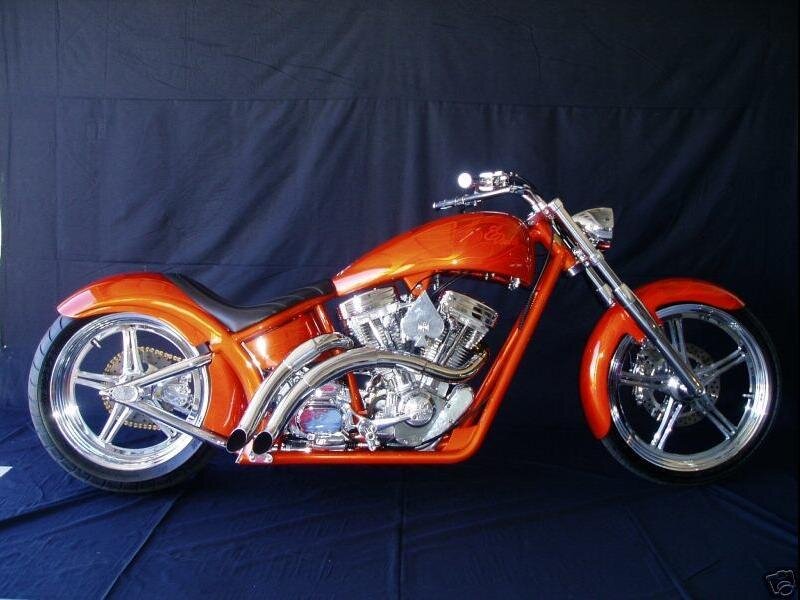Custom Orange Chopper Motorcycle — Dramatic, Photograph