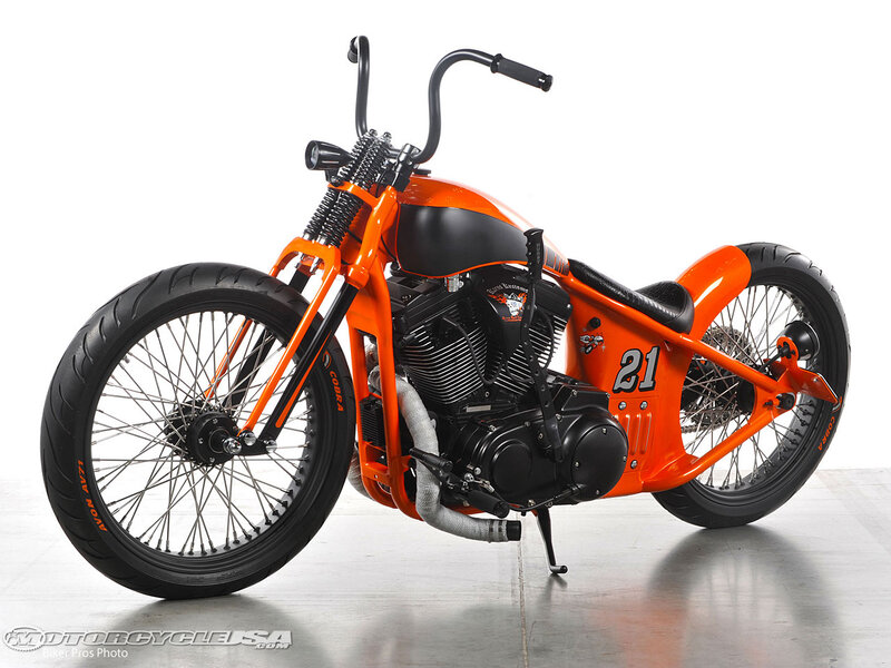 Custom Orange Chopper Motorcycle — Neutral, Photograph, Black Seat