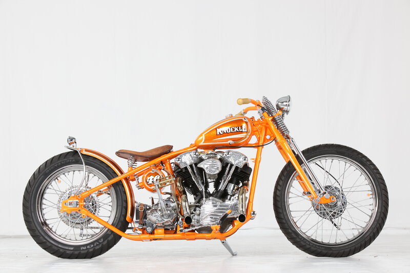 Custom Orange Chopper Motorcycle — Neutral, Photograph, Brown Seat