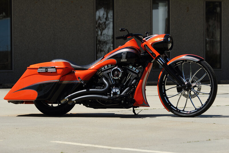 Custom Orange Motorcycle — Dramatic, Afternoon, Photograph, Building